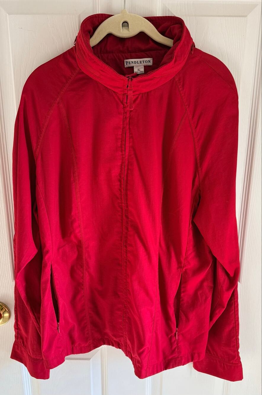 New red Pendleton zip-up windbreaker jacket in size XL with a stand collar.